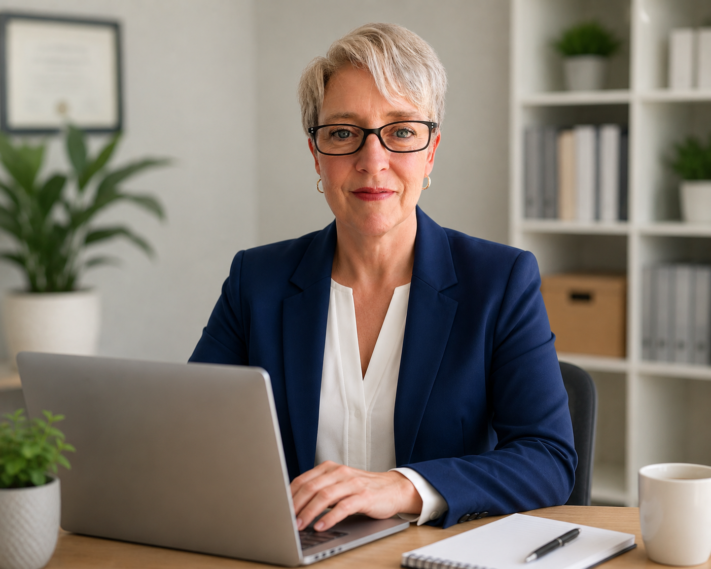 Workspace with hands typing on a laptop, matching the virtual assistant brand